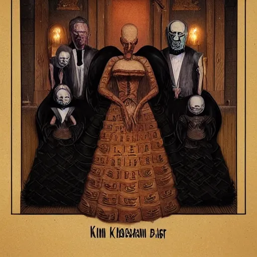 Prompt: Family portrait of Kim Kardashian and her husband pinhead from 'Hellraiser!'. with their 3 children. illustration, highly detailed by Greg Rutkowski