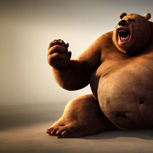 Image similar to cinematography picture of very fat monster with human skin, holding a bear while eating a human, unreal engine 5, ps5, ultra realistic, hyperrealistic, artstation