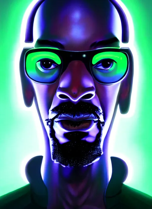 Image similar to portrait of snoop dog cyber humanoid, intricate, elegant, cyber neon lights, highly detailed, digital painting, artstation, glamor pose, concept art, smooth, sharp focus, illustration, art by artgerm and greg rutkowski