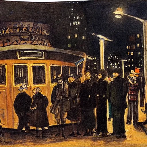 Image similar to a some people waiting in a lone bus stop in quiet dark city night, high quality, high resolution,detailed, by otto dix