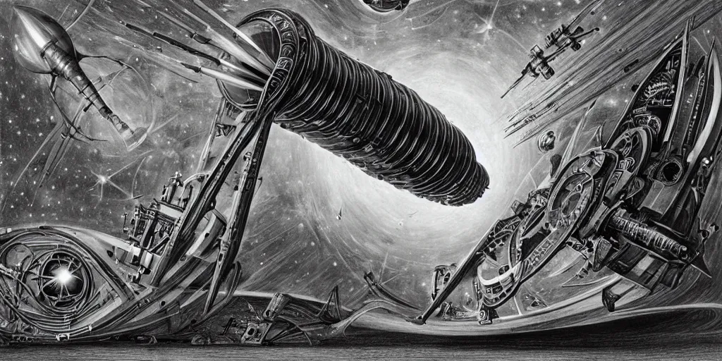 Image similar to atompunk space ship sailing the infinite cosmos, grand scale, raygun gothic style, astrophysics, mathematical drawing, painting by h. r. giger