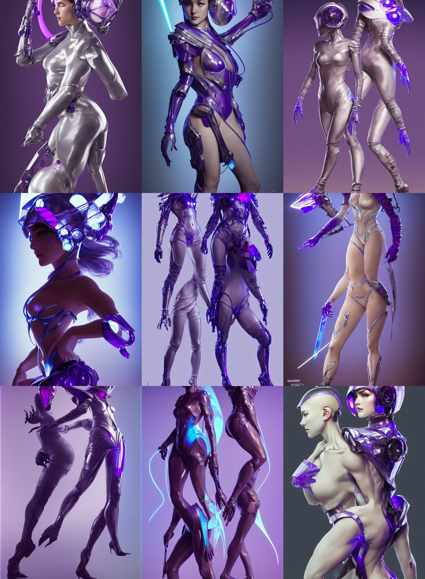 Image similar to a full body character design by artgerm, greg rutkowski and alphonse mucha. sci - fi dagger. laser and bluish violet translucent plastic tape project show attctive showgirl!! sci - fi helmet!! sharp edges. ultra clear detailed. contour light effect!! 8 k. ultra detailed, elegant, intricate, octane render.