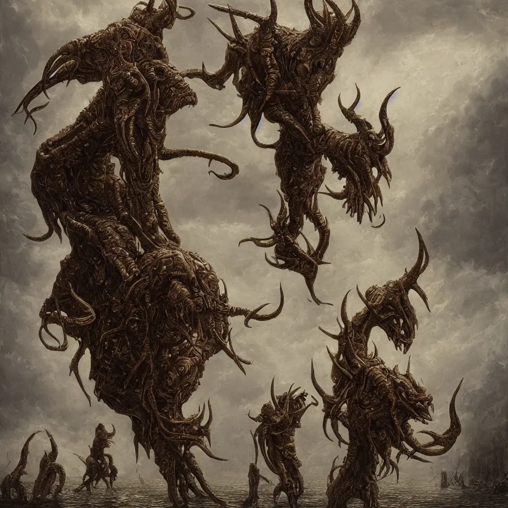 Image similar to a masterpiece! full body photographic portrait of an alien beast!! with seven heads!! and ten horns!! walking on water on a city street by gustave dore and sam spratt and allen williams, trending on artstation, cgsociety, 8 k hd, earthtone colors,