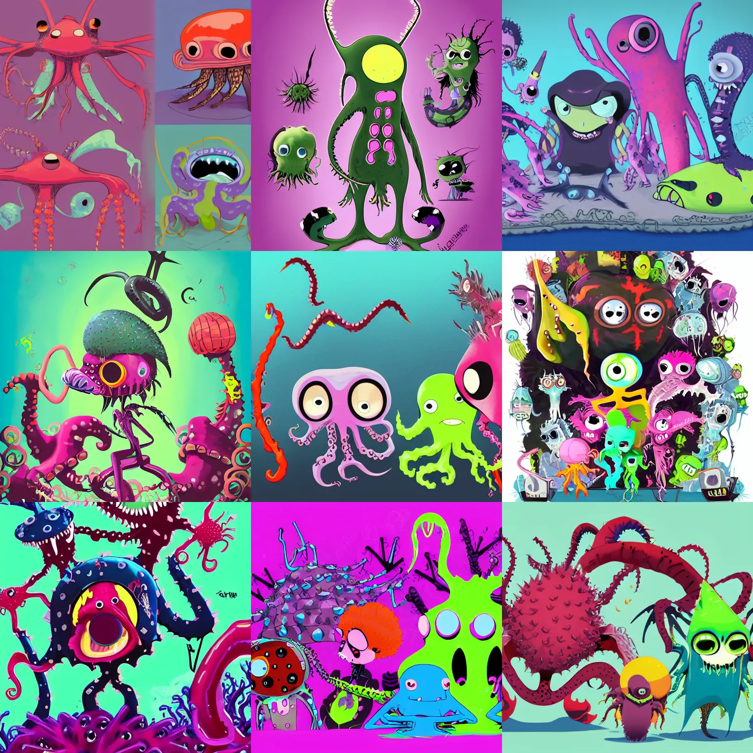Prompt: punk rock vampiric electrifying 80s party rockstar vampire octopus, angler fish, gulper eel, mantis shrimp, jellyfish and sea urchins conceptual character designs of various shapes and sizes by genndy tartakovsky and splatoon by nintendo and the psychonauts franchise by doublefine tim shafer artists for the new hotel transylvania film