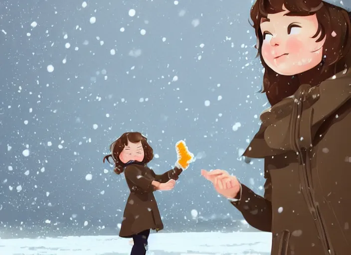 Image similar to little girl with short wavy curly light brown hair catching snowflakes in the snow. clean cel shaded vector art. shutterstock. behance hd by lois van baarle, artgerm, helen huang, by makoto shinkai and ilya kuvshinov, rossdraws, illustration, art by ilya kuvshinov