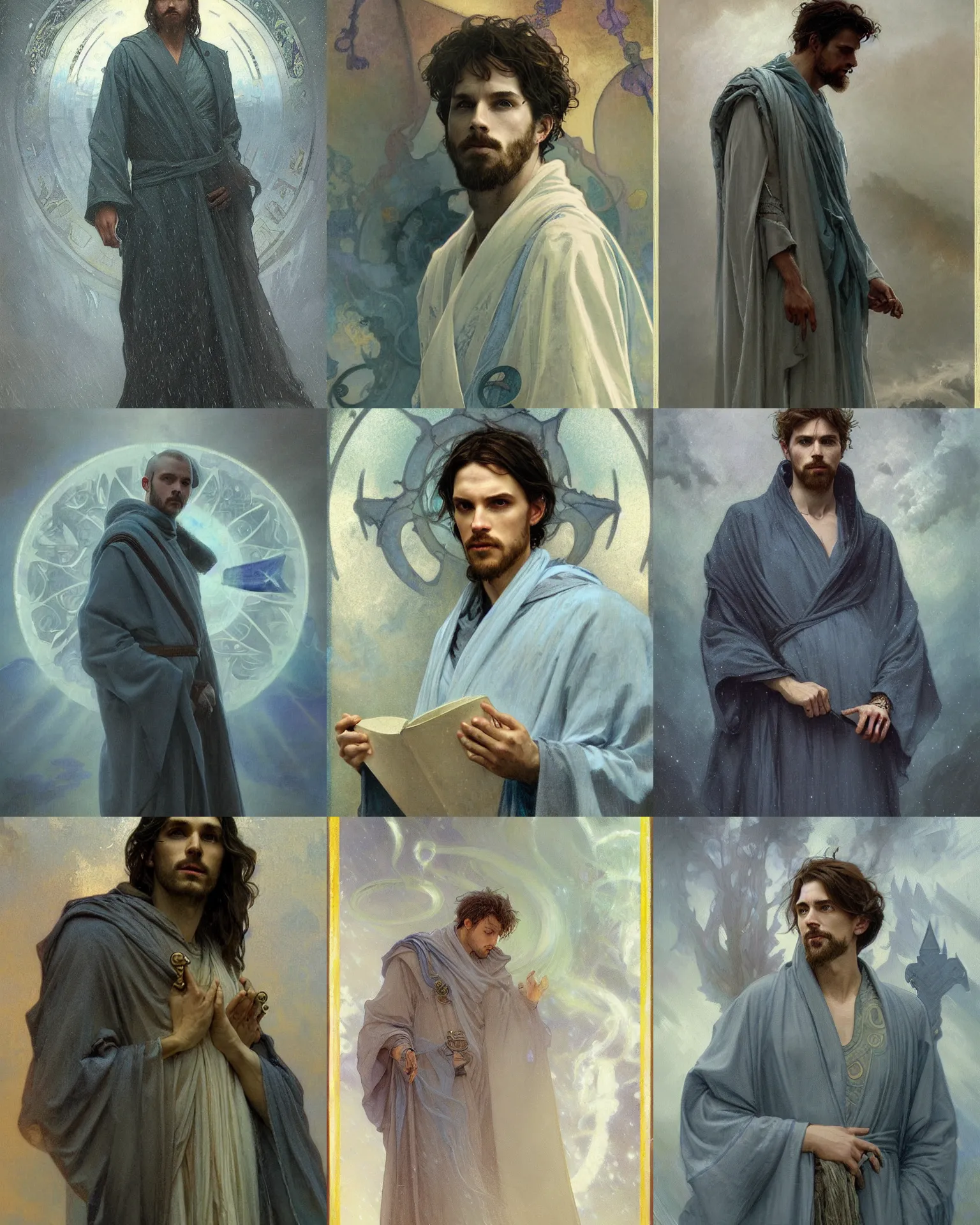 Prompt: portrait of aaron taylor in gray - blue robes, runes, jewelry, mystical, ethereal, magical storm fog, painting by greg rutkowski and alphonse mucha