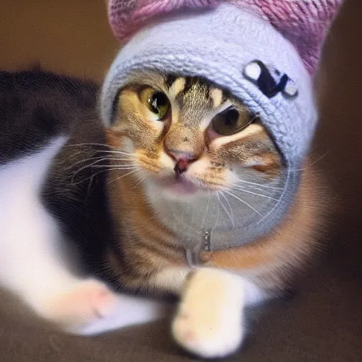 Prompt: cute cat photo, wearing wool hat, tongue sticking out, cat ears