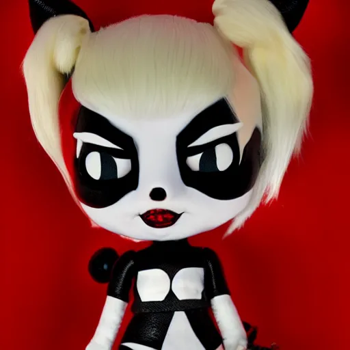 Prompt: lady gaga in harley quinn pupyplush doll, scream, background dark, portrait, 8k