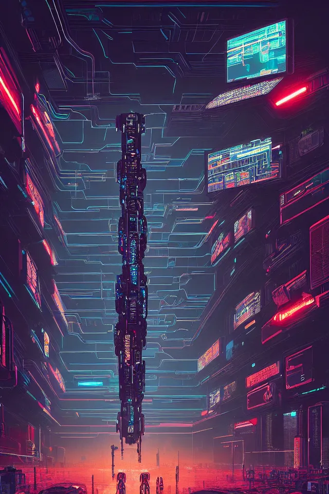 Prompt: cyberpunk mechatower made out of billions of stacked computer screens by simon stalenhag and dan mumford, 2 0 2 2, intricate, omnipresent ai god, mass effect fantasy, cinematic lighting