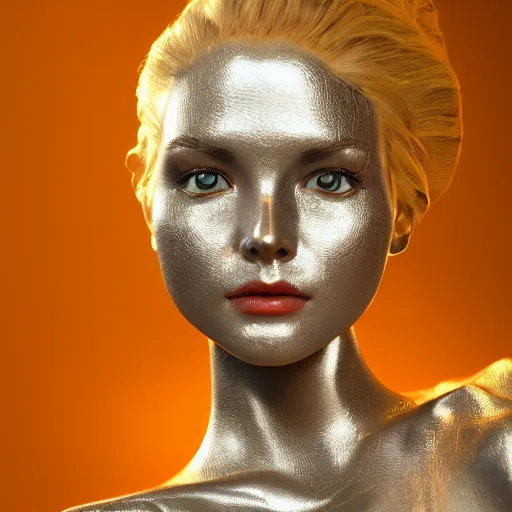 Image similar to beautiful girl in a dress made of metal foil, beautiful portrait, symmetrical, character concept style trending on artstation concept art detailed octane render cinematic photo - realistic 8 k high detailed