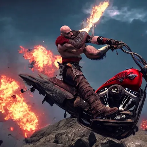 Prompt: kratos, with leviathan axe, jumping a black harley - davidson motorcycle off a cliff, cinematic render, playstation studios official media, god of war 2 0 1 8, flames