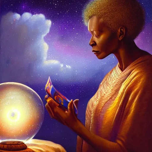 Prompt: an elder african psychic woman reading her crystal ball under a meteor shower, greg rutkowski and android jones and amanda sage, oil on canvas, 8k