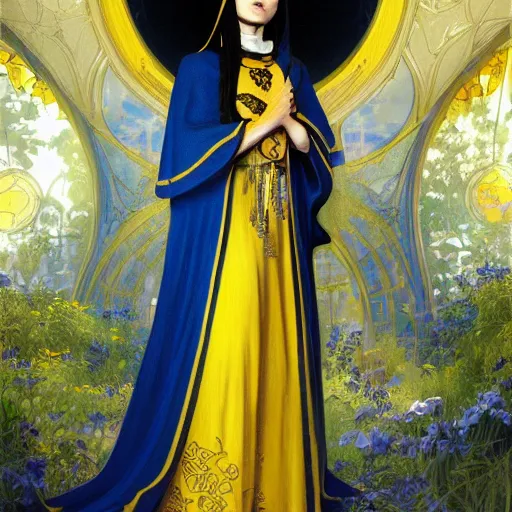 Image similar to portrait of a middle - eastern female cleric with straight black hair wearing blue and yellow vestments in an underground garden, fantasy, highly detailed, digital painting, artstation, concept art, character art, art by greg rutkowski and tyler jacobson and alphonse mucha