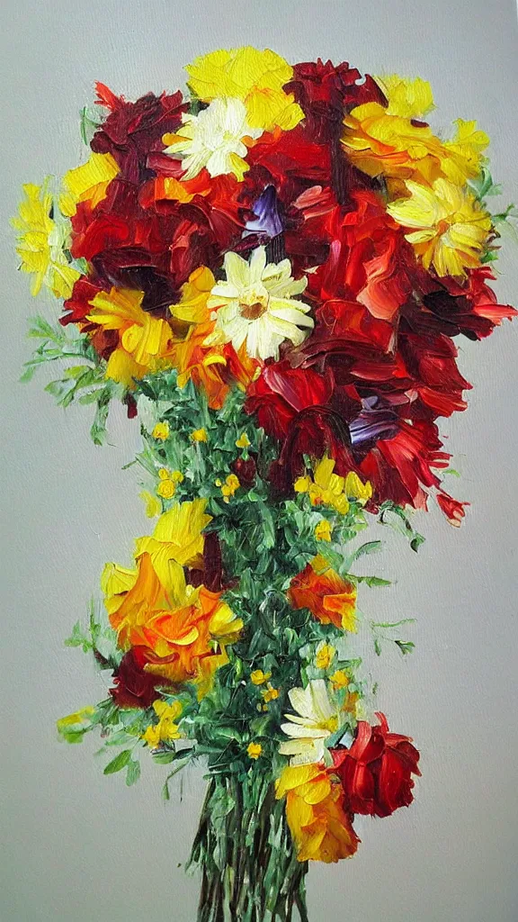 Prompt: oil painting letter M formed from a bouquet of flowers photorealistic