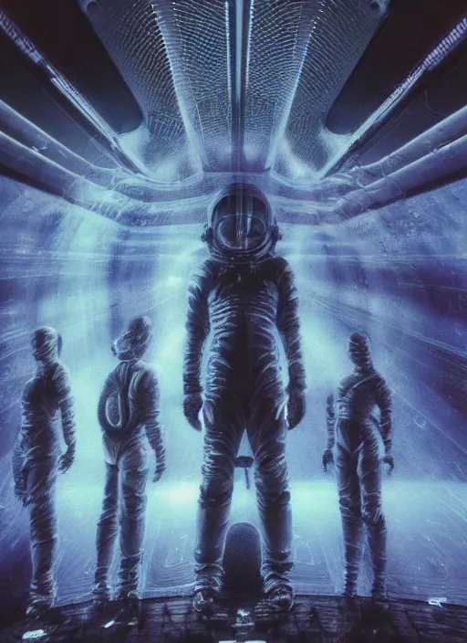 Image similar to astronauts in dark void underwater - complex and hyperdetailed technical suit. reflection and dispersion materials. rays and dispersion of light. volumetric light. f / 3 2. noise film photo. flash photography. ultra realistic, wide angle. poster by wayne barlowe, hajime sorayama aaron horkey, craig mullins