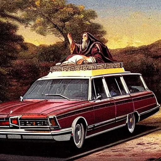 Prompt: jesus driving a kingswood station wagon