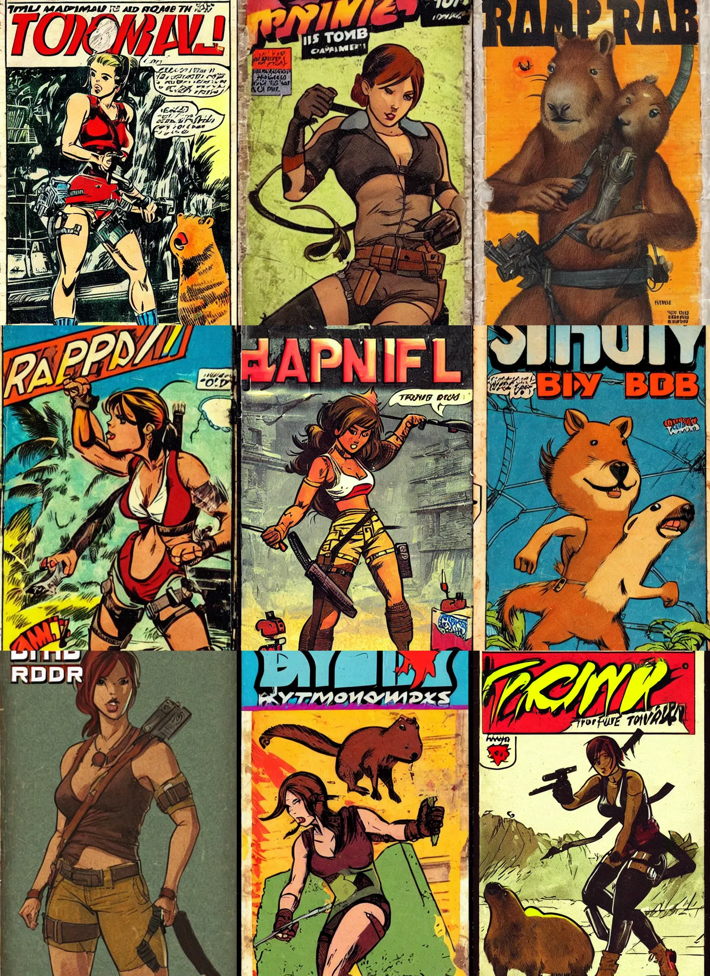 Prompt: retro comic book cover of an anthropomorphic capybara as tomb raider videogame