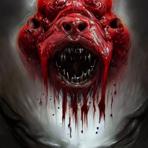 Image similar to Dark Fantasy Painting of a muscular red beast face with saliva and drool dripping from its mouth, creepy, unsettling, horror, upper body, intricate, wild, highly detailed, digital painting, artstation, concept art, smooth, sharp focus, illustration, art by artgerm and greg rutkowski and alphonse mucha