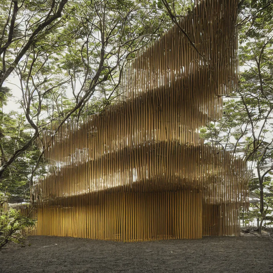 Image similar to architecture ad for a mid-century small modern house on the beach, designed by Kengo Kuma. Film grain, cinematic, yellow hue