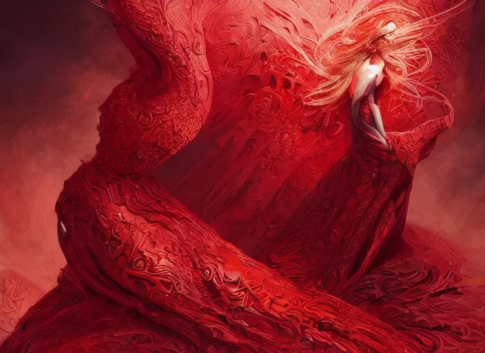 Prompt: woman in love sit upon a scarlet coloured beast, pain, royal dress, light effect, hyper detailed, intricate, elegant, highly detailed, digital painting, artstation, concept art, matte, sharp focus, illustration, by james jean, andrei riabovitchev, marc simonetti, yoshitaka amano