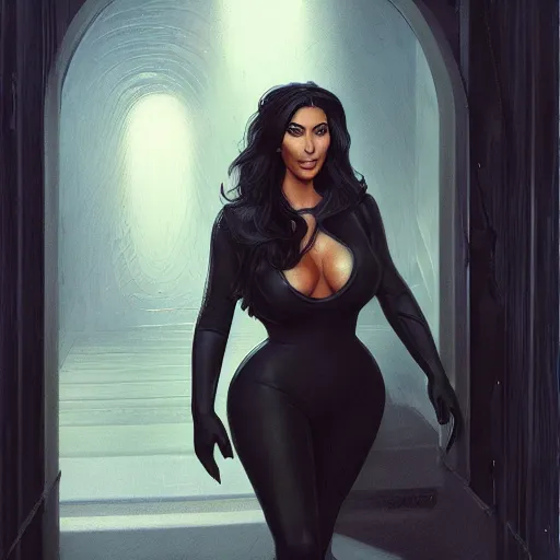 Image similar to kim kardashian as a cop, police uniform, full body view, full pov, haunted house interior, pretty, aesthetic, dust molecules, matte detailed photo, DeviantArt, Artstation, by donato giancola, ralph horley, loish, cinematic lighting