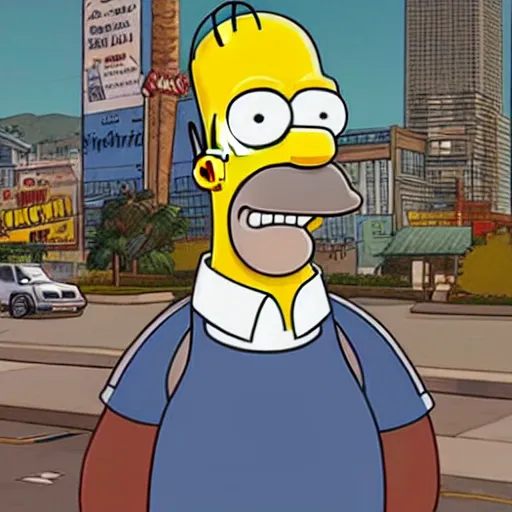 Prompt: Homer Simpson in GTA V, cover art by Stephen Bliss, artstation, no text