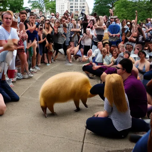 Image similar to Crowd gathers around a capybara doing Chicago footwork dancing, HD photograph, award-winning