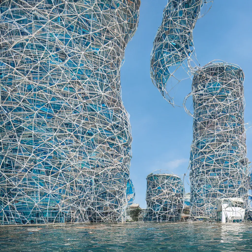 Image similar to a circular tower, made up of colourful makeshift squatter shacks suspended over water, dystopia, sony a 7 r 3, f 1 1, fully frontal view, ultra detailed, photographed by zaha hadid,