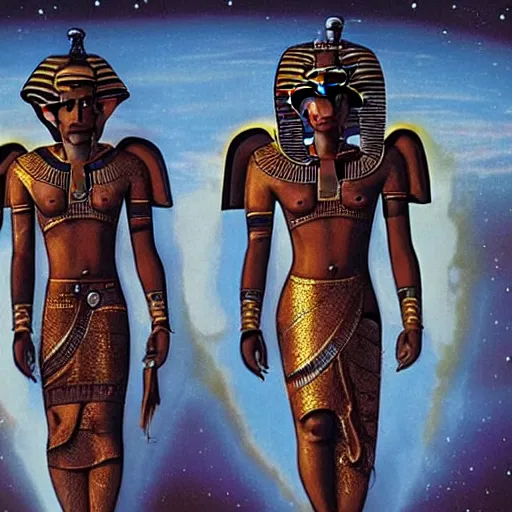 Image similar to the annunaki have returned to egypt wearing space suits that look like egyptian pharoah head - dresses and breathing hoses that look like elephant trunks - in star wars episode 3