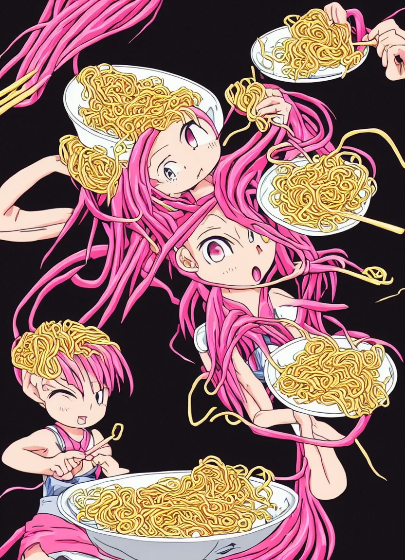 Image similar to anime girl with pink hair eating ramen noodles, black background, by akira toriyama