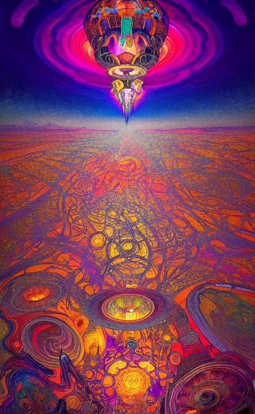 Image similar to An extremely psychedelic aerial view of black rock city at night, colorful, surreal, dramatic lighting, magic mushrooms, psilocybin, LSD, face, detailed, intricate, elegant, highly detailed, digital painting, artstation, concept art, smooth, sharp focus, illustration, art by Krenz Cushart and Artem Demura and alphonse mucha