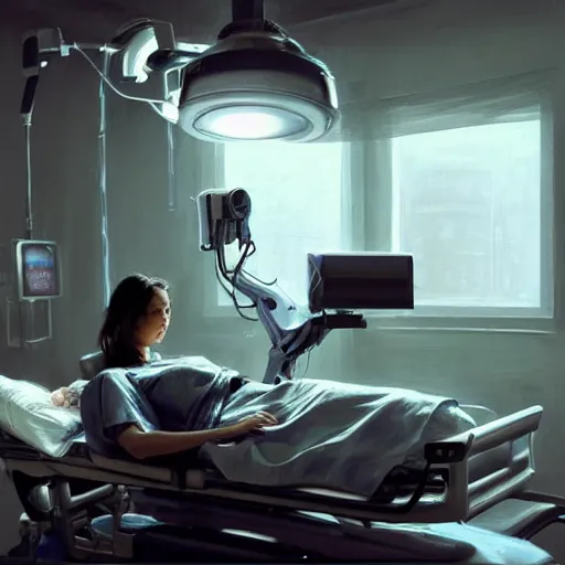 Prompt: epic masterpiece of cinematographic hyperrealism where a robotic arm appears operating on a patient in a hospital. realistic shaded lighting poster by craig mallismo, artgerm, jeremy lipkin and michael garmash, unreal engine, radiant light, complex detailed environment, digital art, art station trends