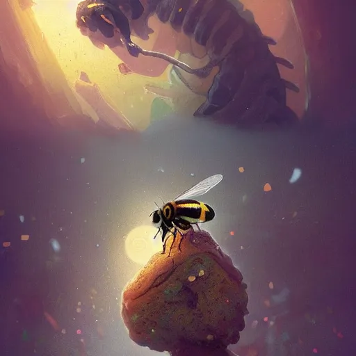 Prompt: the birthday bee. A bee that stings you on your birthday. Detailed digital art by greg rutkowski, Thomas kinkade, Keith Parkinson, artstation, cgsociety, deviantart, 8k, HD