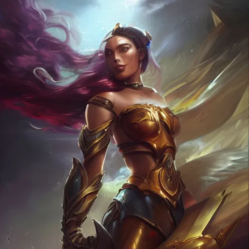 Prompt: leona from league of legends, epic scene, paint by Raymond Swanland
