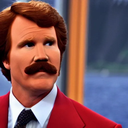 Image similar to Ron Burgundy standing near a lake