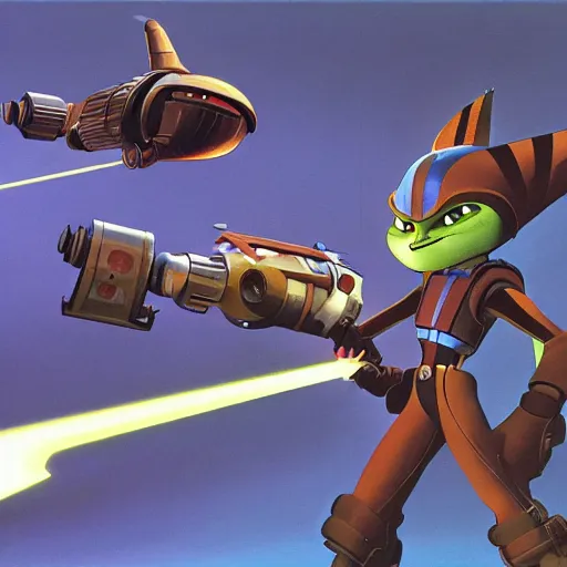 Image similar to ralph mcquarrie concept art for ratchet & clank