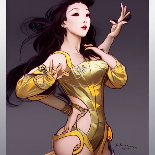 Image similar to digital concept art by artgerm and alphonse mucha. just one lonely attractive asian showgirl in a pikatchu costume!! full body!! contour light effect!! 8 k, black tape project show. stage light. octane render. sharp edge. ultra clear detailed,