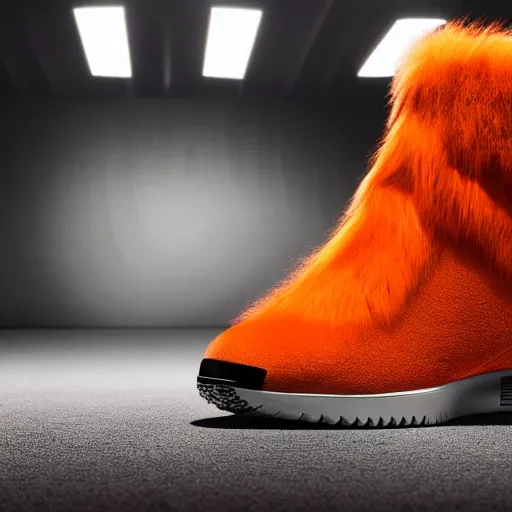 Image similar to nike shoe made of very fluffy orange faux fur placed on reflective surface, professional advertising, overhead lighting, heavy detail, realistic by nate vanhook, mark miner