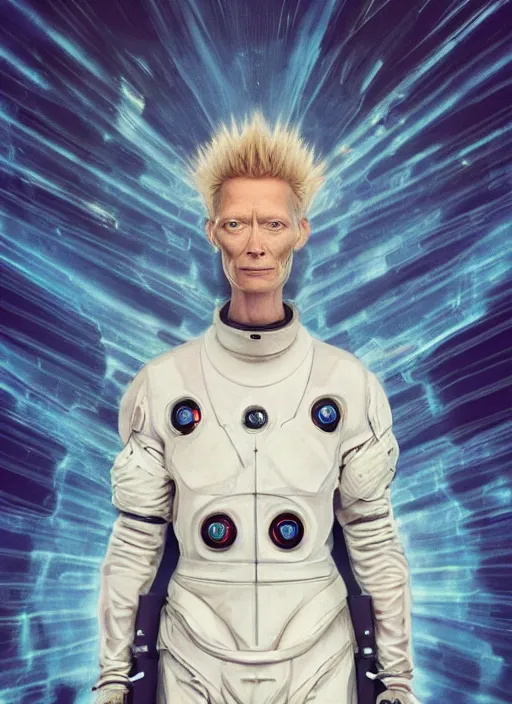 Prompt: biblical daemonic Tilda Swinton wearing a spacesuit, glowing veins, looking sideways, second coming, rule of thirds, studio portrait by Greg Hildebrandt, studio lighting, muted colors, by Terry Richardson, by Leonardo DaVinci, by Beeple, ultrarelistic, extreme detail, caustics, trending on Artstation, 8K, octane renderer, rtx on