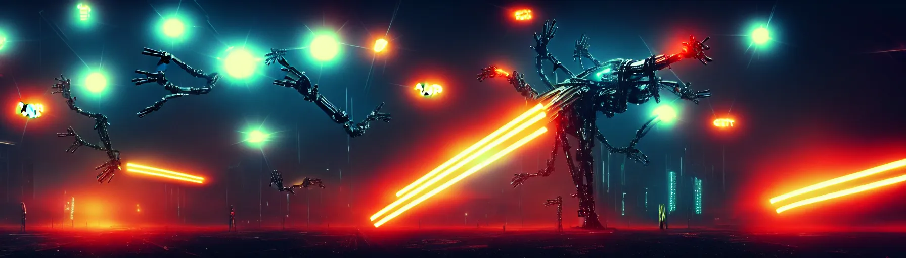 Image similar to apocalyptic ufo scene of cyborg arms with claws reaching out to try and catch fast moving ufos, in the style of blade runner, cyberpunk, laser, smoke, debris