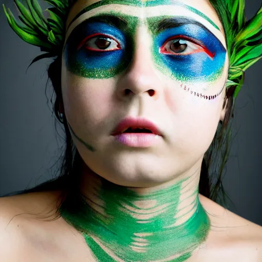 Prompt: minimalist photography portrait of an elaborately adorned female shaman warrior, face paint, symmetrical, super close up, mid thirties, cute round green slanted eyes, porcelain skin, wide nostrils, chubby cheeks, high flat eyebrows, ethereal essence, angelic, leica 1 0 0 mm f 0. 8