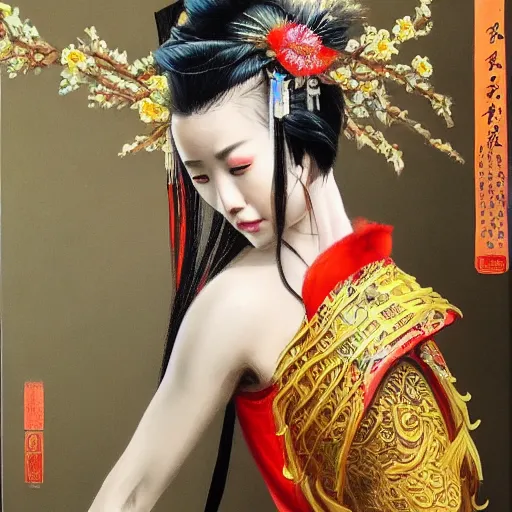 Image similar to A striking hyper real portrait painting of a gorgeous sword dance Chinese costume woman , trending on artbreeder, long hair, smoke, feathers flying, flowers rain everywhere, full body XIANXIA, Chinese temple, depth of field by Yoji Shinkawa 4k