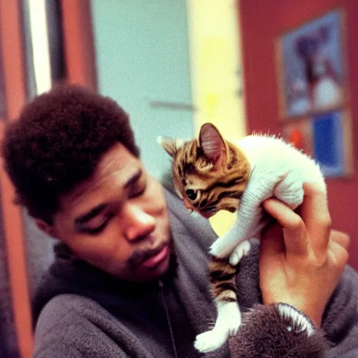 Image similar to 15mm wide-angle lens photo of a rapper in 1990 New York holding a kitten up to the camera