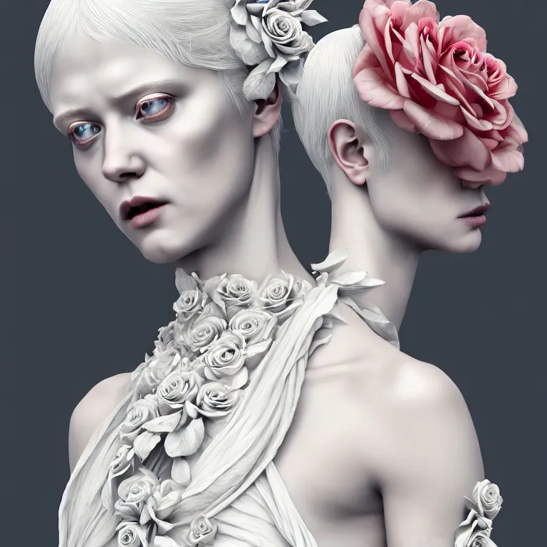 Prompt: neoclassical digital art portrait of a wonderful symmetrical albino goddess with dressed with a majestic semi transparent cotton roses dress, ornate, intricate, detailed, octane render