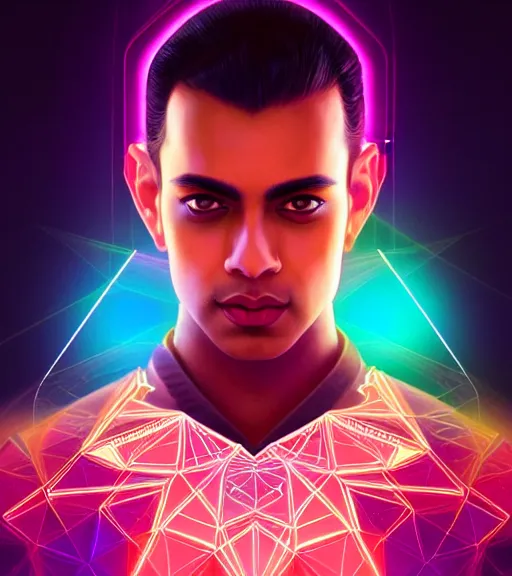 Image similar to symmetry!! indian prince of technology, solid cube of light, hard edges, product render retro - futuristic poster scifi, lasers and neon circuits, brown skin handsome indian prince, intricate, elegant, highly detailed, digital painting, artstation, concept art, smooth, sharp focus, illustration, dreamlike, art by artgerm