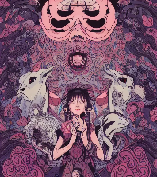 Prompt: portrait, nightmare anomalies, leaves with okami by miyazaki, violet and pink and white palette, illustration, kenneth blom, mental alchemy, james jean, pablo amaringo, naudline pierre, contemporary art, hyper detailed