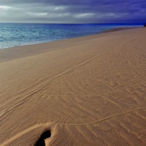 Image similar to footprints in sand at the beach, gentle waves, calm light, footprint path, light sand, distant clouds, photography award, leading lines