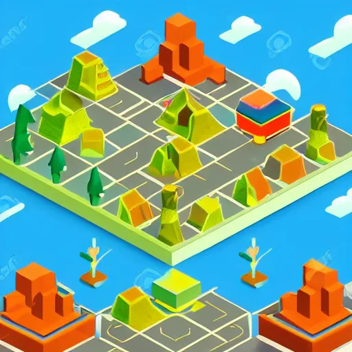 Image similar to an isometric colorful videogame world, epic mountains, azure ocean in the background, blocks