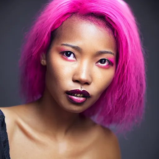 Prompt: asian - african woman with pink - dyed hair wearing alternative clothing, 8 k, portrait