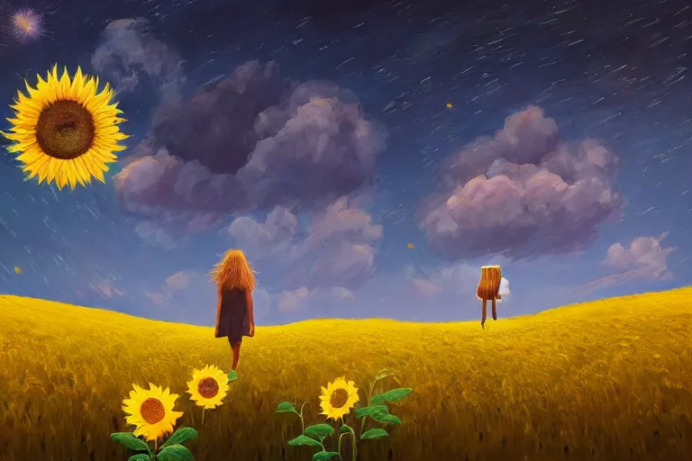 Image similar to giant sunflower as a head, girl walking in wheat field, hills, surreal photography, dark night, star trails, dramatic light, impressionist painting, clouds, digital painting, artstation, simon stalenhag